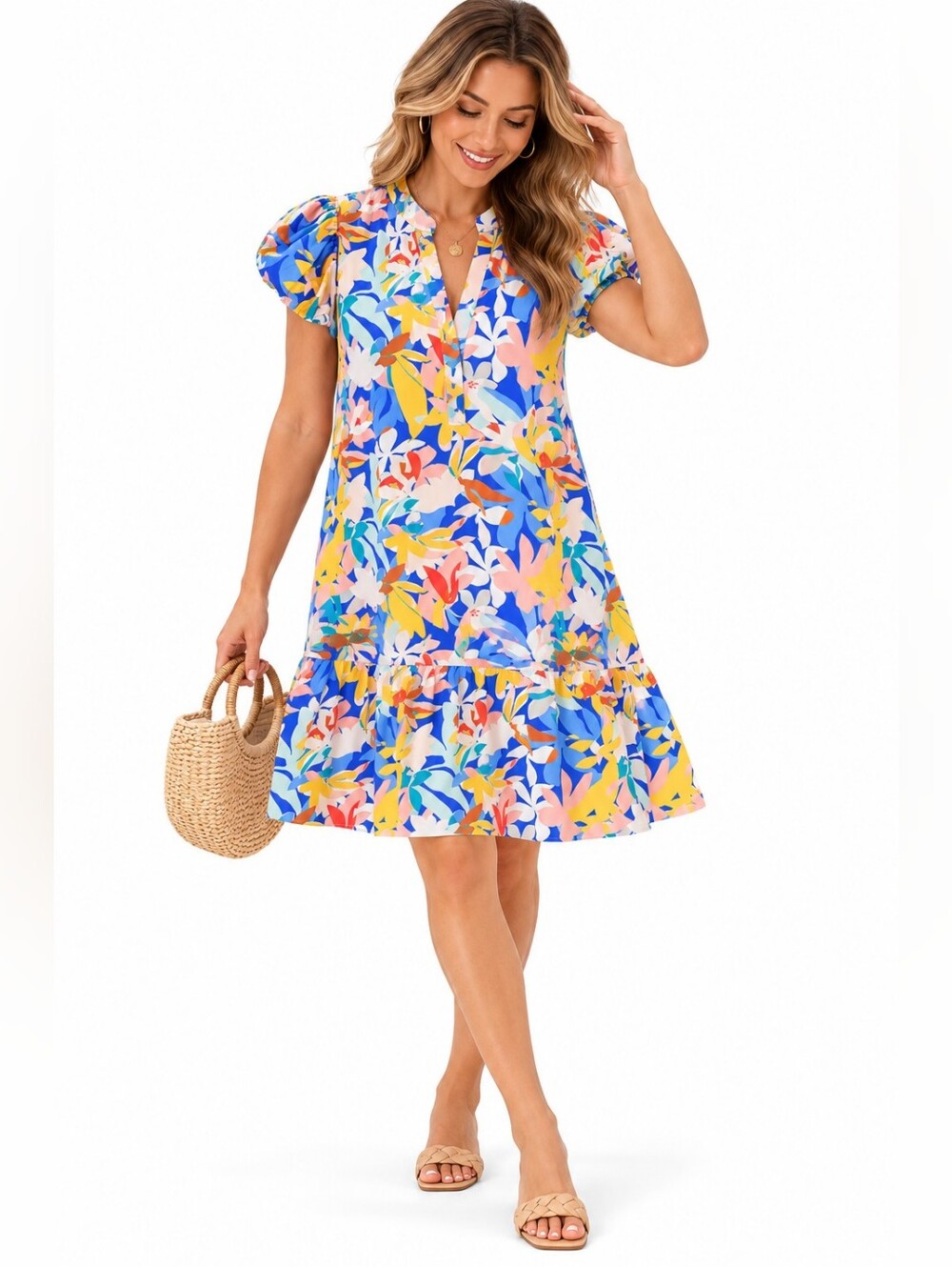 Fashion Floral Ruffle Sleeve Dress - Blue Pink Sz XL Pullover